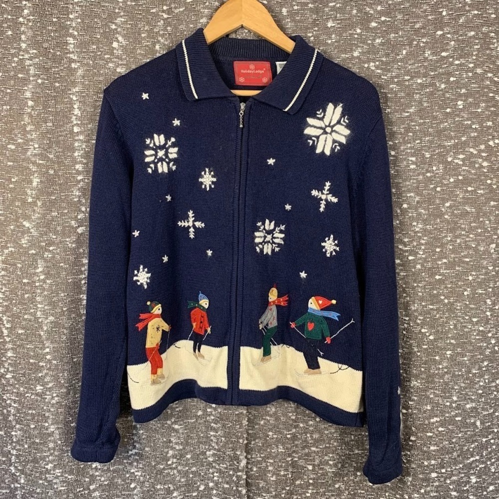Vintage Holiday Lodge Embroidered Ski Snowflakes Full Zip Knit Sweater Women's M